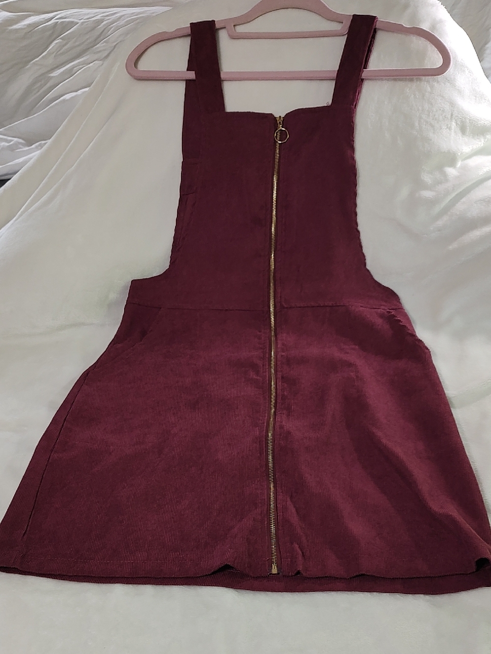 SHEIN Wine Red Corduroy Zip-Front Pinafore